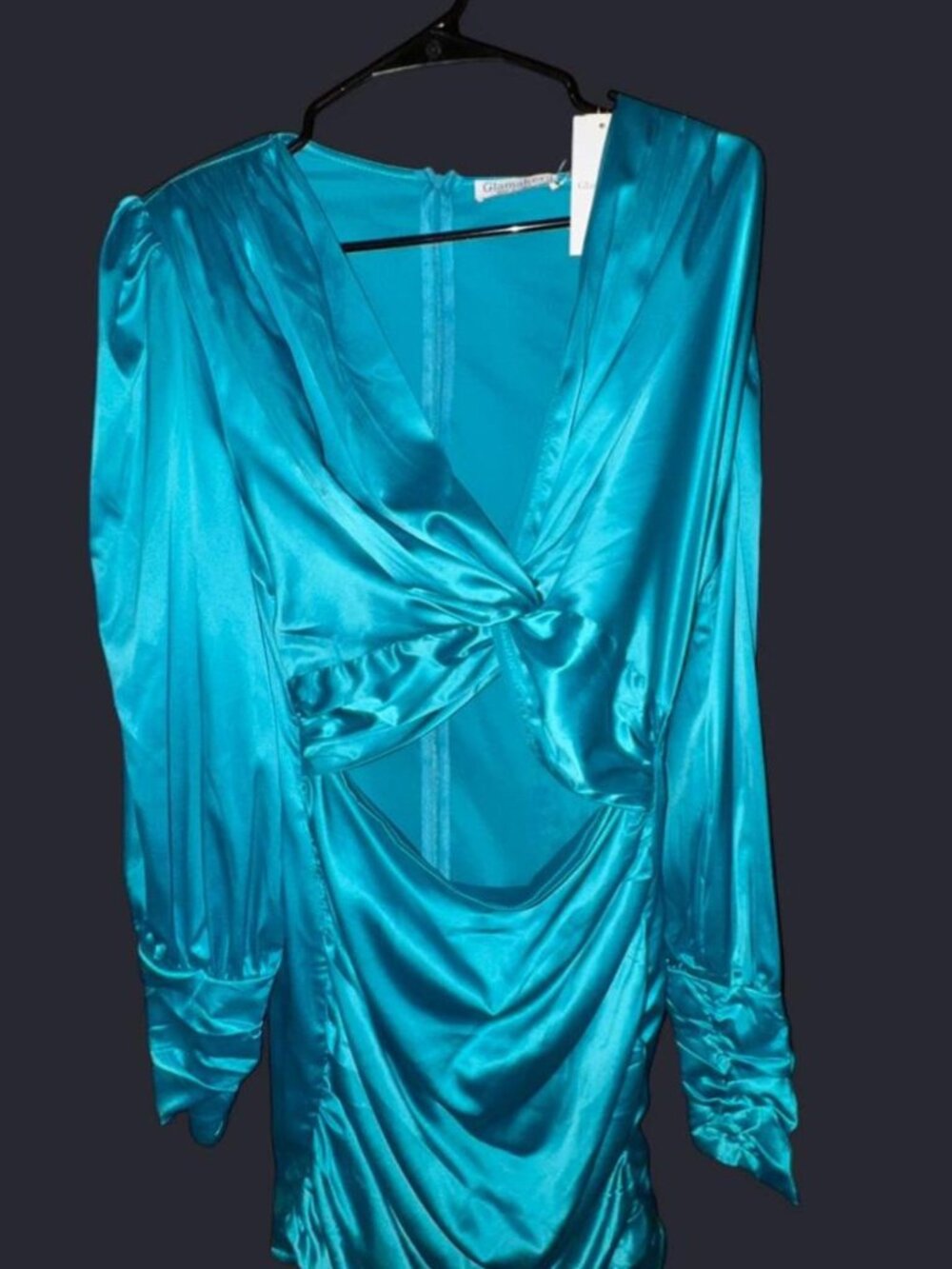 NWT Turquoise Cutout Satin Long-Sleeve Mini Dress, Size L